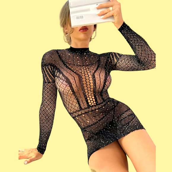 Women's Mesh Lingerie Rhinestone Sexy Long Sleeve Mesh Mini Dress Lingerie. NWT. - Picture 3 of 5